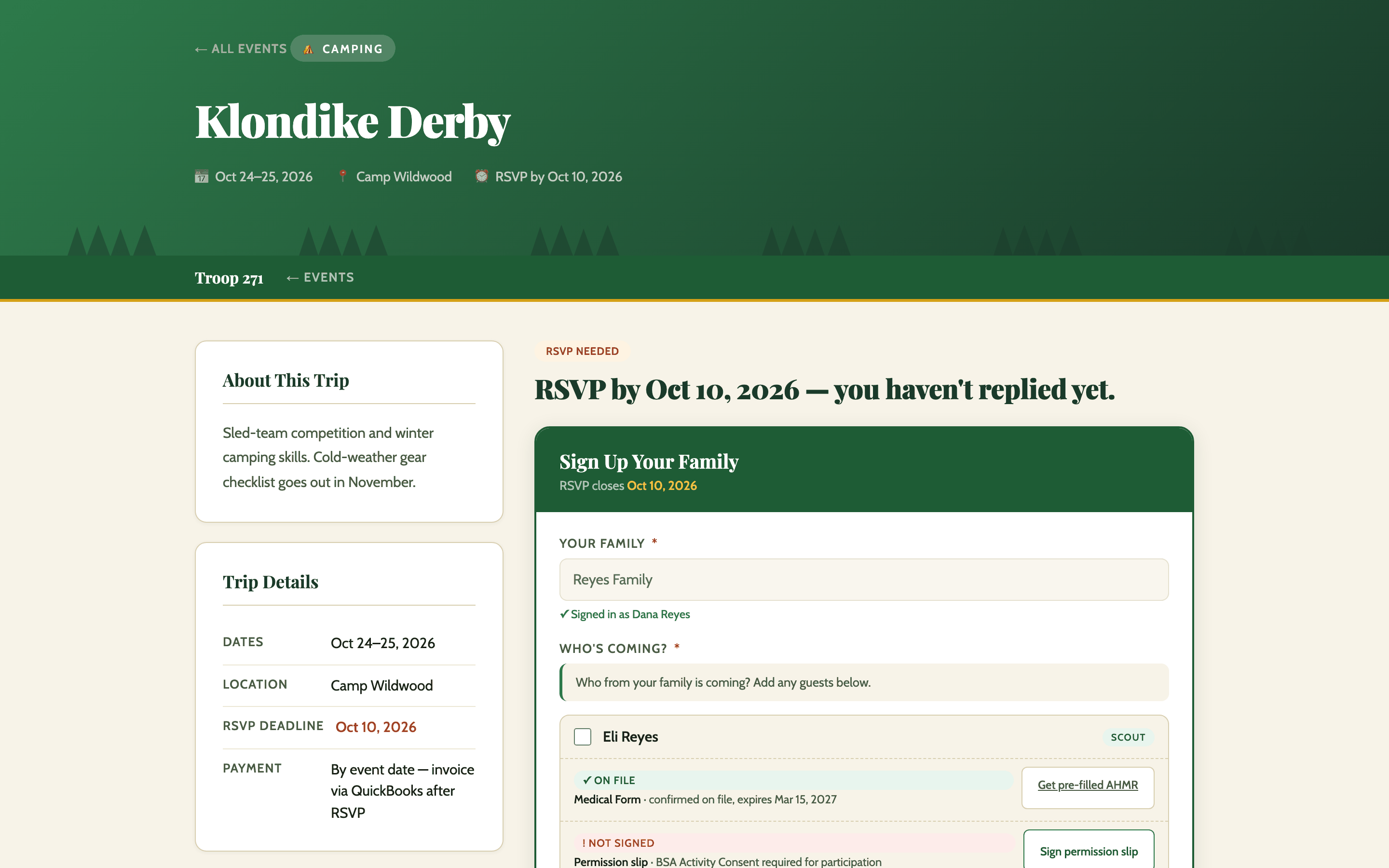 An event page for the Klondike Derby, headed &ldquo;RSVP by Oct 10, 2026 — you haven't replied yet.&rdquo; A trip-details panel lists dates, location, deadline and payment terms; a &ldquo;Sign Up Your Family&rdquo; form picks attendees one person at a time, showing each scout's medical-form status and whether their permission slip is signed.